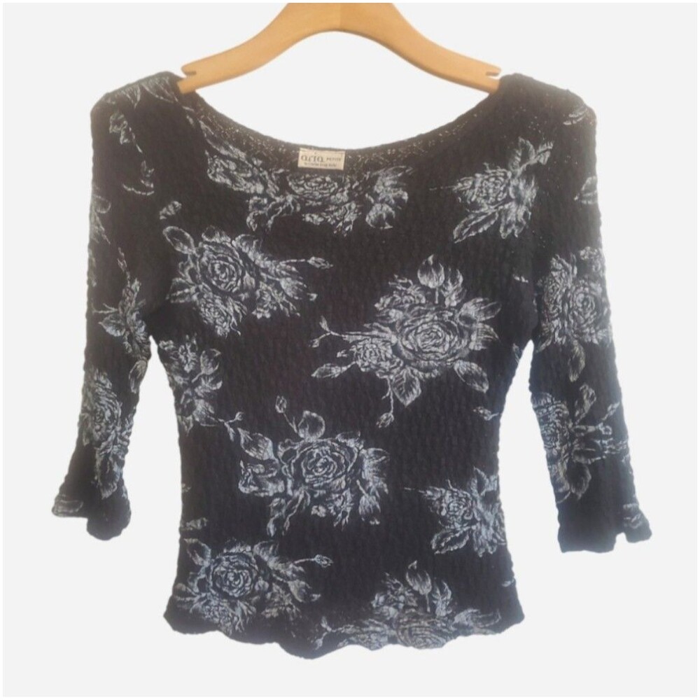 VTG 90S Aria Dark Floral Crinkle Top Size S Petite Fairy Grunge Whimsigoth Goth